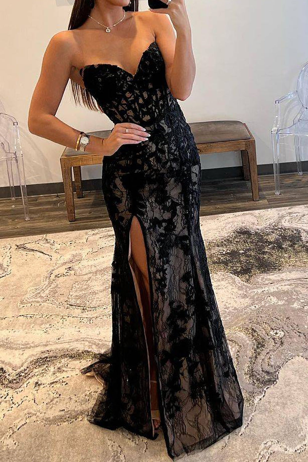 Mermaid Sweetheart Black Corset Long Lace Prom Dresses