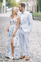 A Line Sweetheart Blue Floral Printed Long Party Dresses