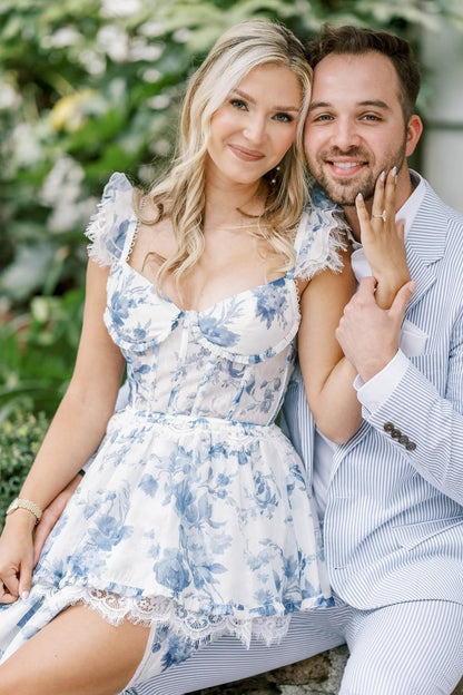 A Line Sweetheart Blue Floral Printed Long Party Dresses