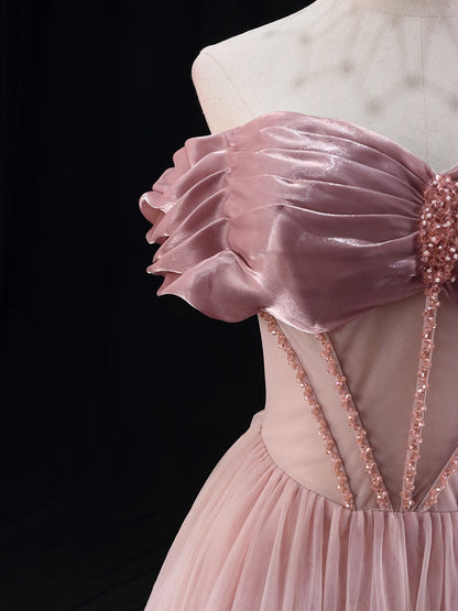 Robes de bal plissées en tulle rose coupe trapèze à épaules dénudées avec perles