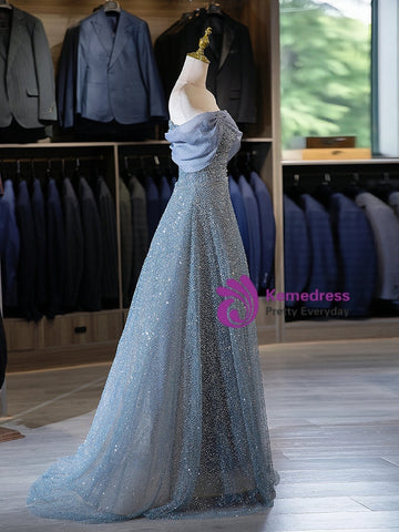 Blue Tulle Sequins Off the Shoulder Pleats A Line Prom Dresses