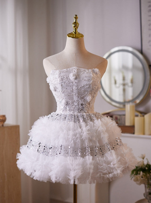 White Tulle Sequins A Line Strapless short Homecoming Dresses – luladress
