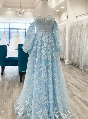 Blue Tulle Butterfly Long Sleeve A Line Prom Dresses