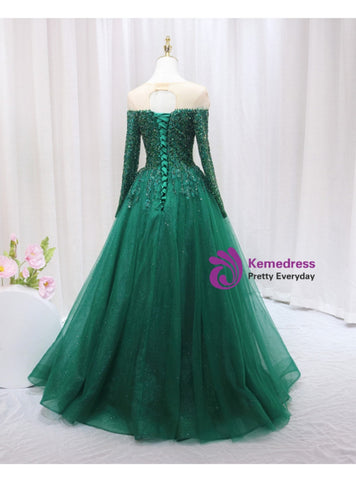 Green Tulle Long Sleeve Beading Sequins A Line Prom Dresses