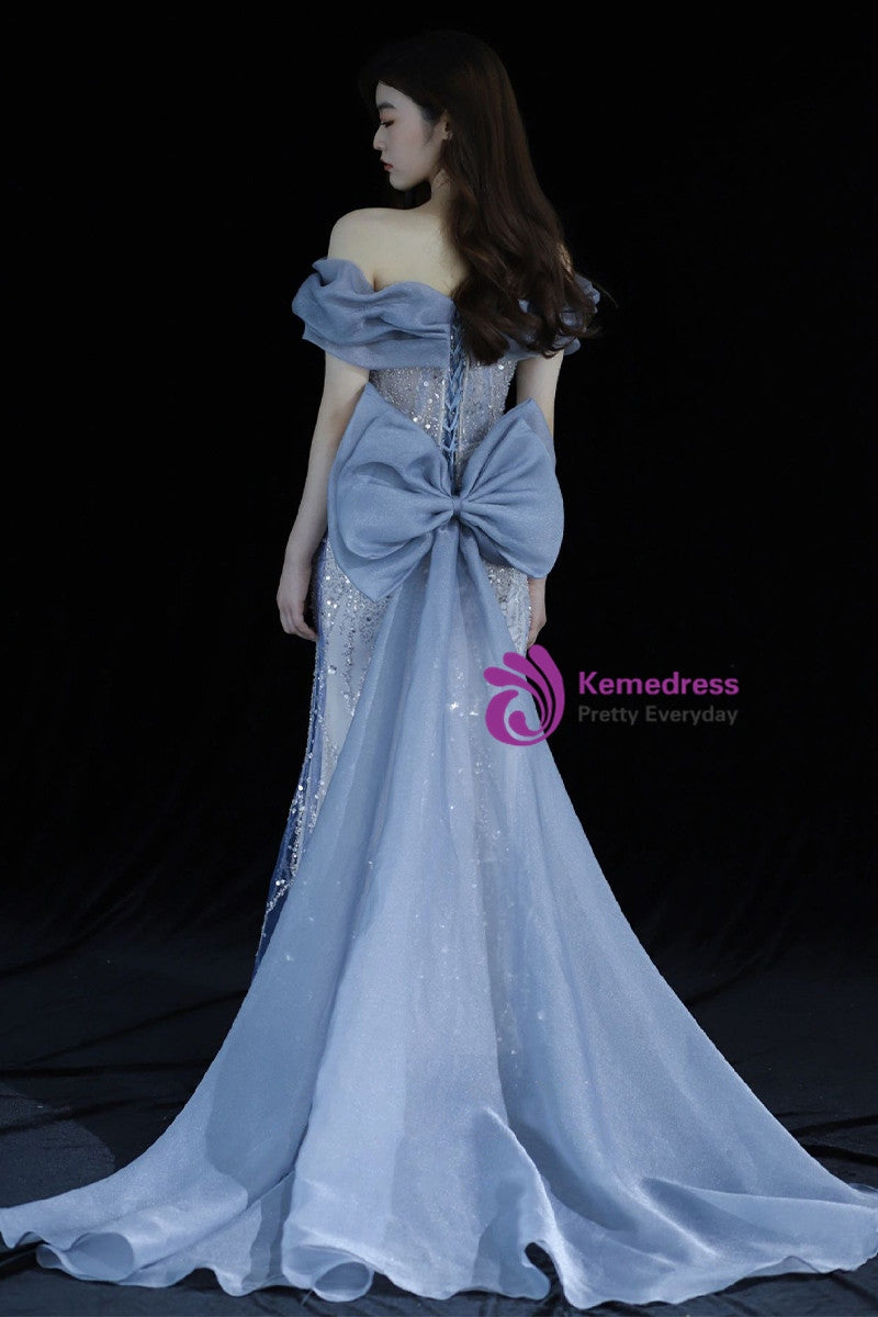 Robes de bal sirène sexy bleu en tulle à paillettes avec épaules dénudées