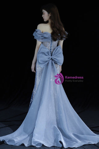 Sexy Blue Mermaid Tulle Sequins Off the Shoulder Prom Dresses