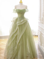 Green Tulle Off the Shoulder Beading A Line Lace Prom Dresses