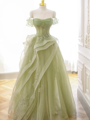 Green Tulle Off the Shoulder Beading A Line Lace Prom Dresses