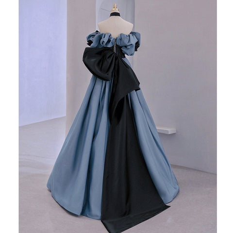 Blue Satin Black Lace Strapless A Line Prom Dresses