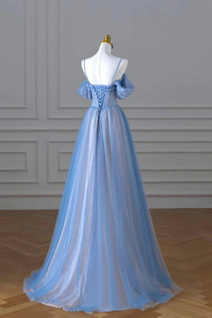 Robes de bal trapèze bleues en tulle à sequins et à fines bretelles