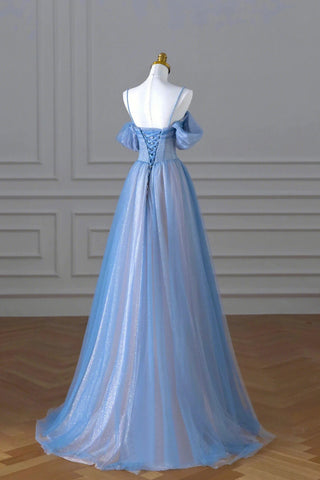 Blue Tulle Sequins Spahetti Straps A Line Prom Dresses
