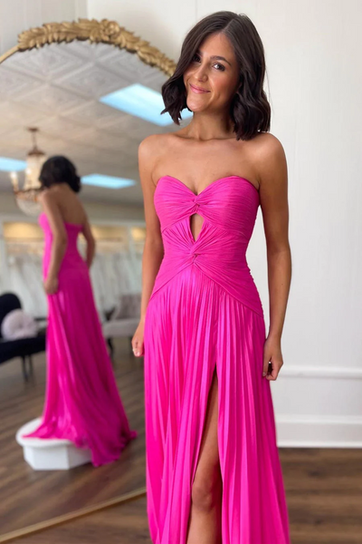 Hot Pink Strapless Keyhole Pleated A-Line Prom Dresses,BD93174