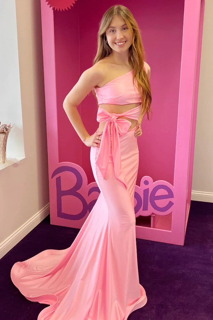 Pink One-Shoulder Cutout Trumpet Long Prom Dresses,BD93145