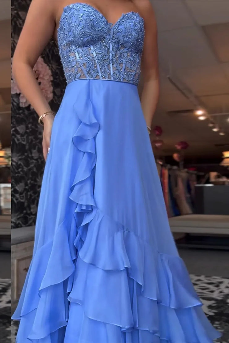 A Line Sweetheart Blue Tiered Long Chiffon Prom Dresses