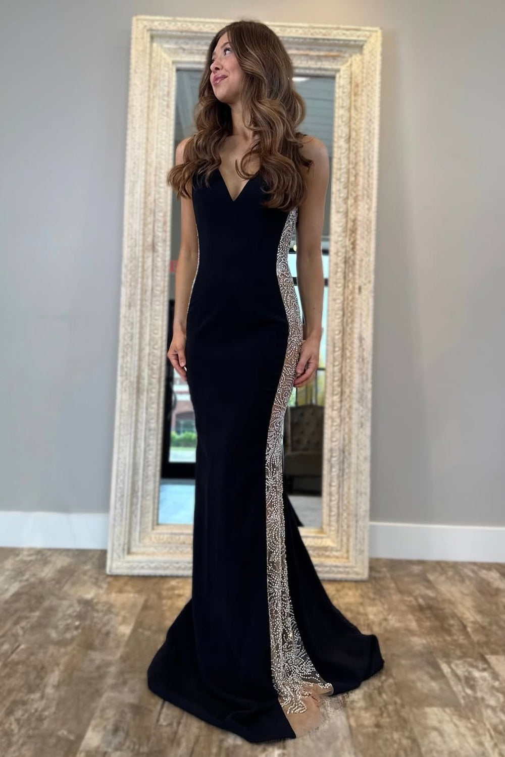 Charming Mermaid V Neck Black Satin Prom Dresses
