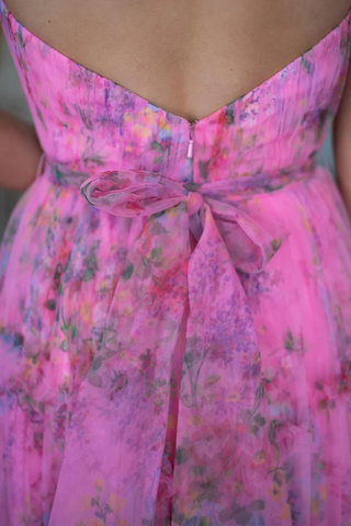 Unique A-Line Strapless Floral Printed Long Prom Dresses