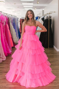 Pink Sweetheart Ruffle Tiered Long Prom Dresses,BD93256