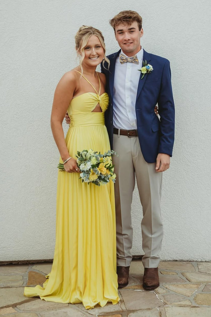 A Line Long Yellow Straps Pleat Satin Prom Dresses