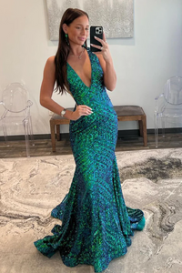 Mermaid Deep V Neck Dark Green Sequins Long Prom Dresses,BD930842