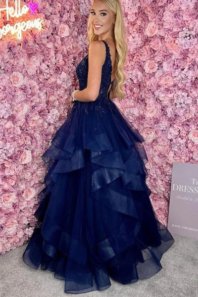 Navy Blue V Neck Ruffle Tiered Tulle Long Prom Dresses with Appliques,BD93319