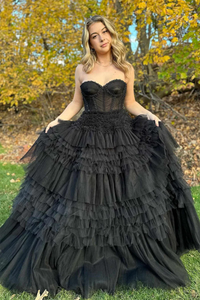 Black Long Sweetheart Tiered Tulle Prom Dresses,BD93188