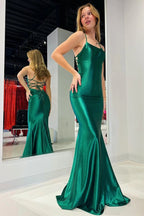 Mermaid Scoop Neck Dark Green Stretch Satin Long Prom Dresses