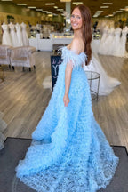 A-Line Off the Shoulder Light Blue Tulle Long Prom Dresses