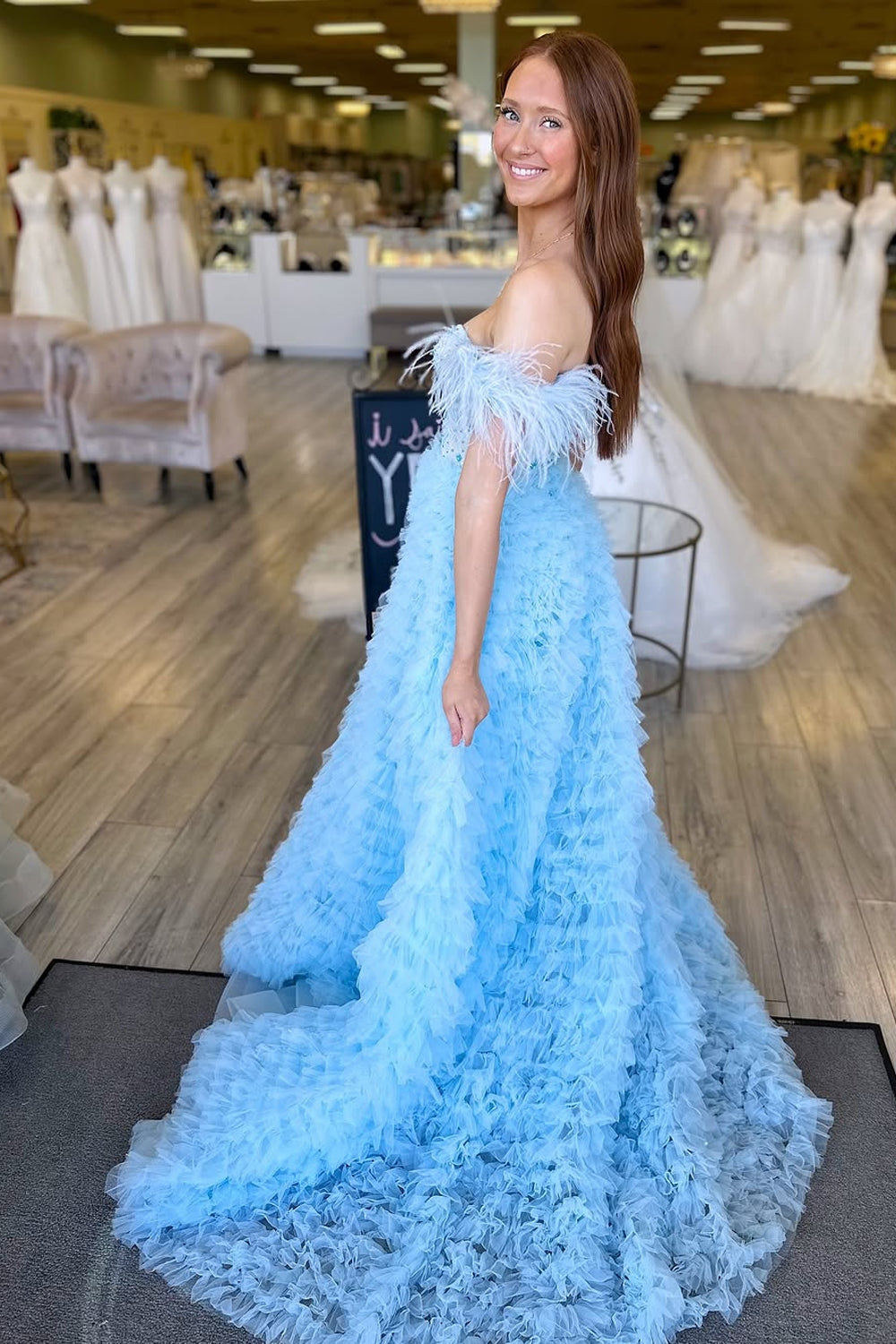 A-Line Off the Shoulder Light Blue Tulle Long Prom Dresses