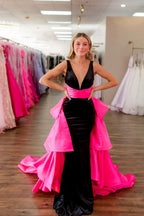 Two Piece V Neck Black Pink Long Mermaid Prom Dresses luladress Two Piece V Neck Black Pink Long Mermaid Prom Dresses luladress