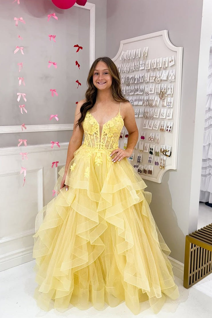 A Line V Neck Yellow Tulle Ruffled Prom Dresses – luladress