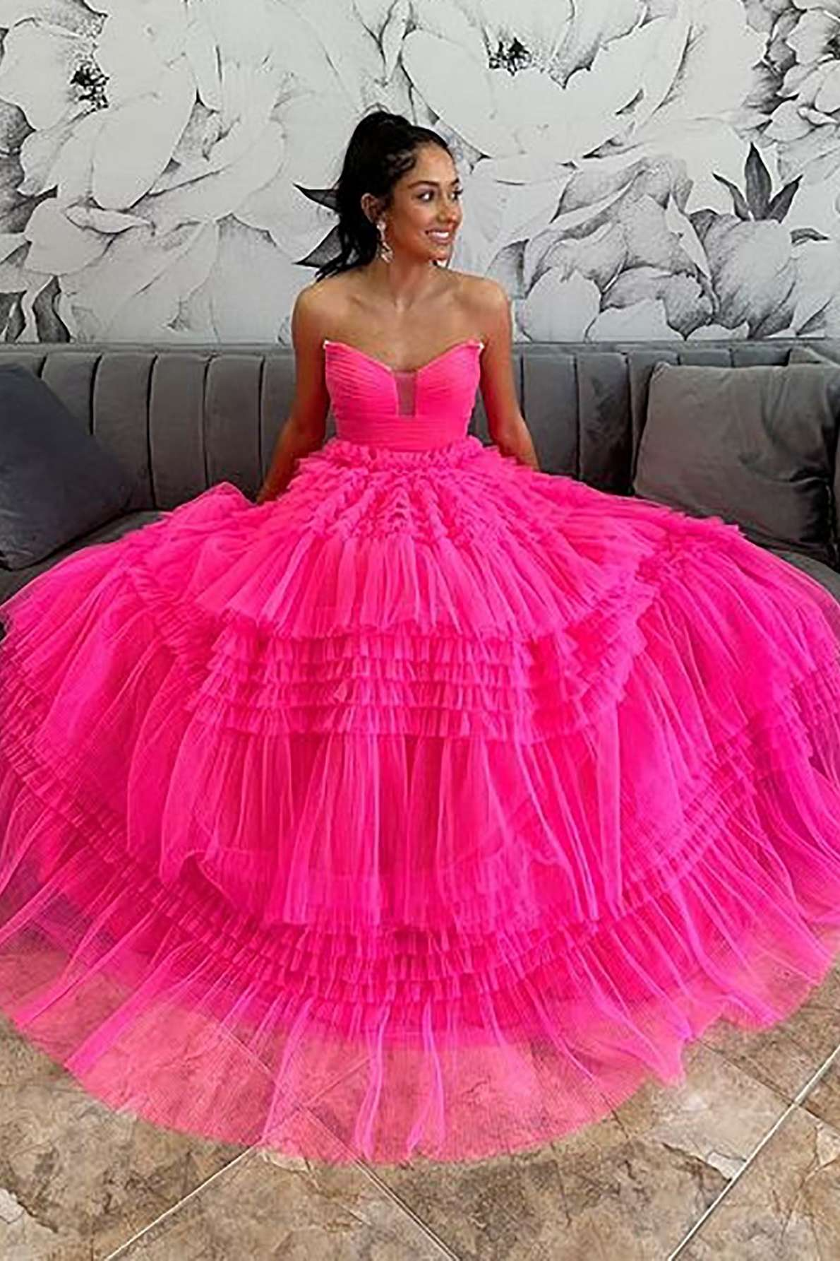 Hot Pink A-Line Strapless Tiered Tulle Prom Dresses luladress Hot Pink A-Line Strapless Tiered Tulle Prom Dresses luladress