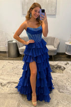 A Line Scoop Neck Chiffon Tiered Long Prom Dresses