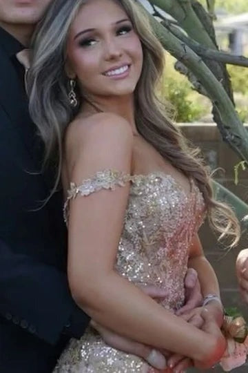 Mermaid Off the Shoulder Champagne Tulle Prom Dresses