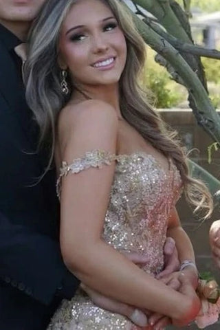 Mermaid Off the Shoulder Champagne Tulle Prom Dresses