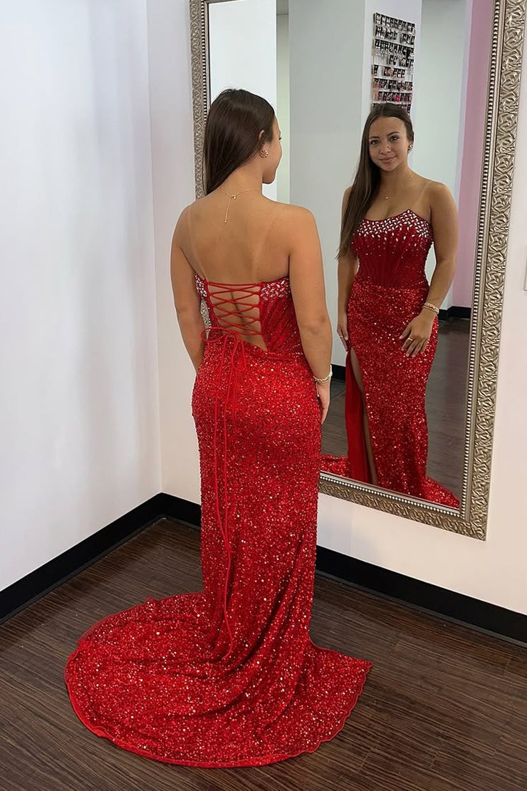 strapless red sequin dress long Strapless Red Sequin Evening Gown, Womens dress size large formal,Prom Dress