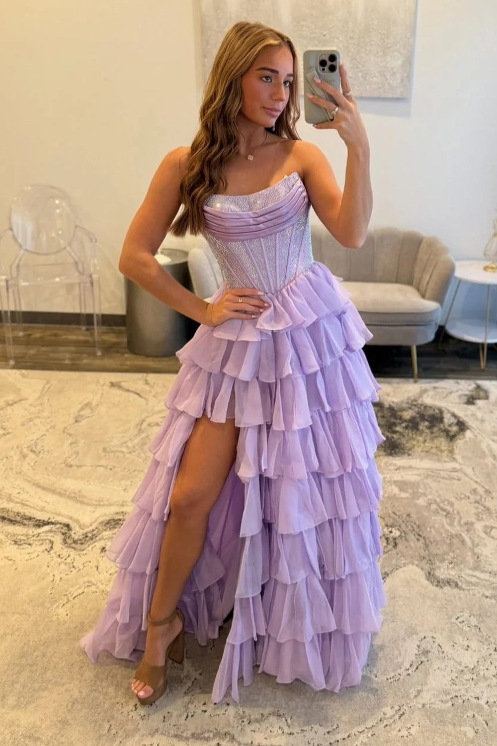 A Line Scoop Neck Chiffon Tiered Long Prom Dresses