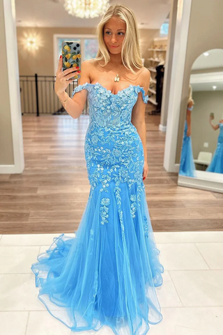 Mermaid Blue Off the Shoulder Tulle Prom Dresses,BD93208