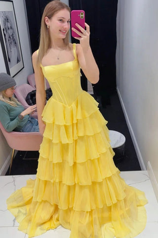 A-Line Square Neck Yellow Ruffle Tiered Chiffon Long Prom Dress