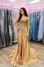 Mermaid Scoop Neck Gold Satin Prom Dresses
