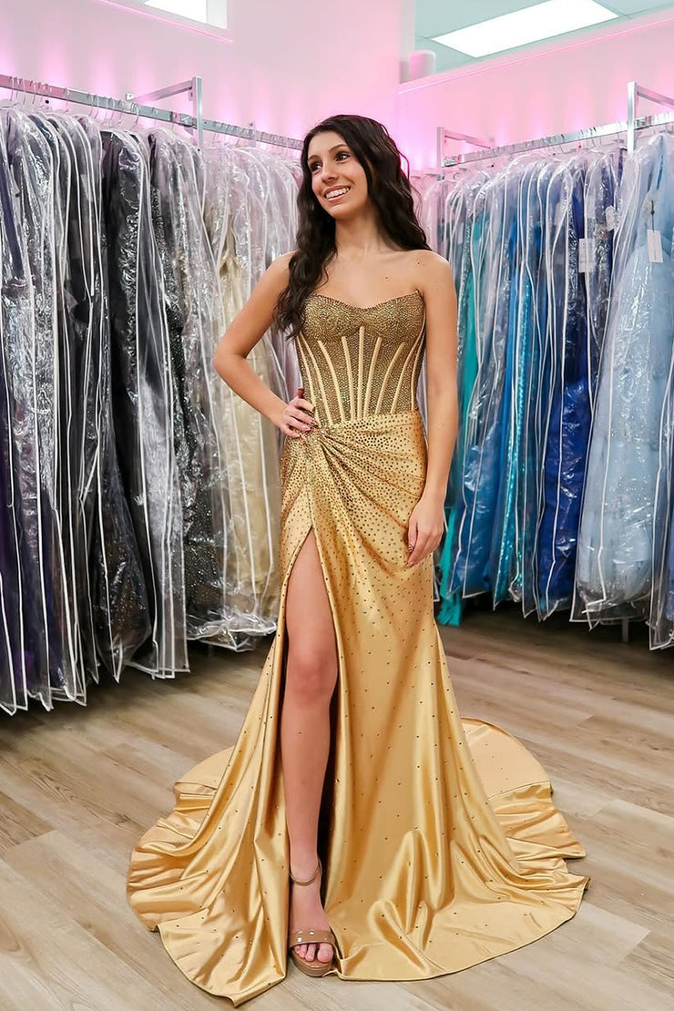 Mermaid Scoop Neck Gold Satin Prom Dresses