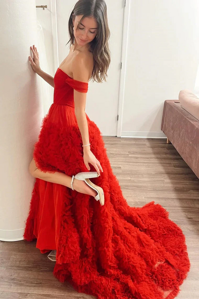 Off-the-Shoulder Red Ruffle Long Prom Dresses,BD93229