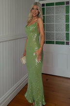 Mermaid Cowl Neck Sage Green Sequins Long Prom Dress