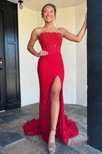 Scoop Neck Red Sequins Mermaid Prom Dresses