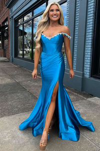 Off the Shoulder Mermaid Beaded Blue Prom Dresses,BD930856