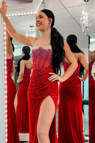 Red Scoop Neck Beaded Mermaid Long Prom Dresses