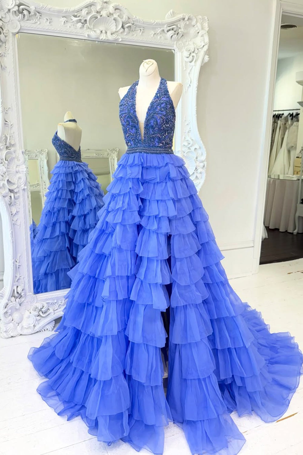 A-Line Halter Tiered Blue Beaded Chiffon Prom Dress