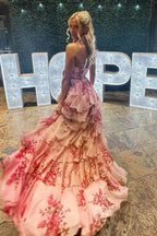 A Line Chiffon Keyhole Hatler Floral Printed Tiered Slit Prom Dresses