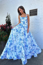 A-Line Square Neck Blue Floral Printed Satin Long Prom Dress