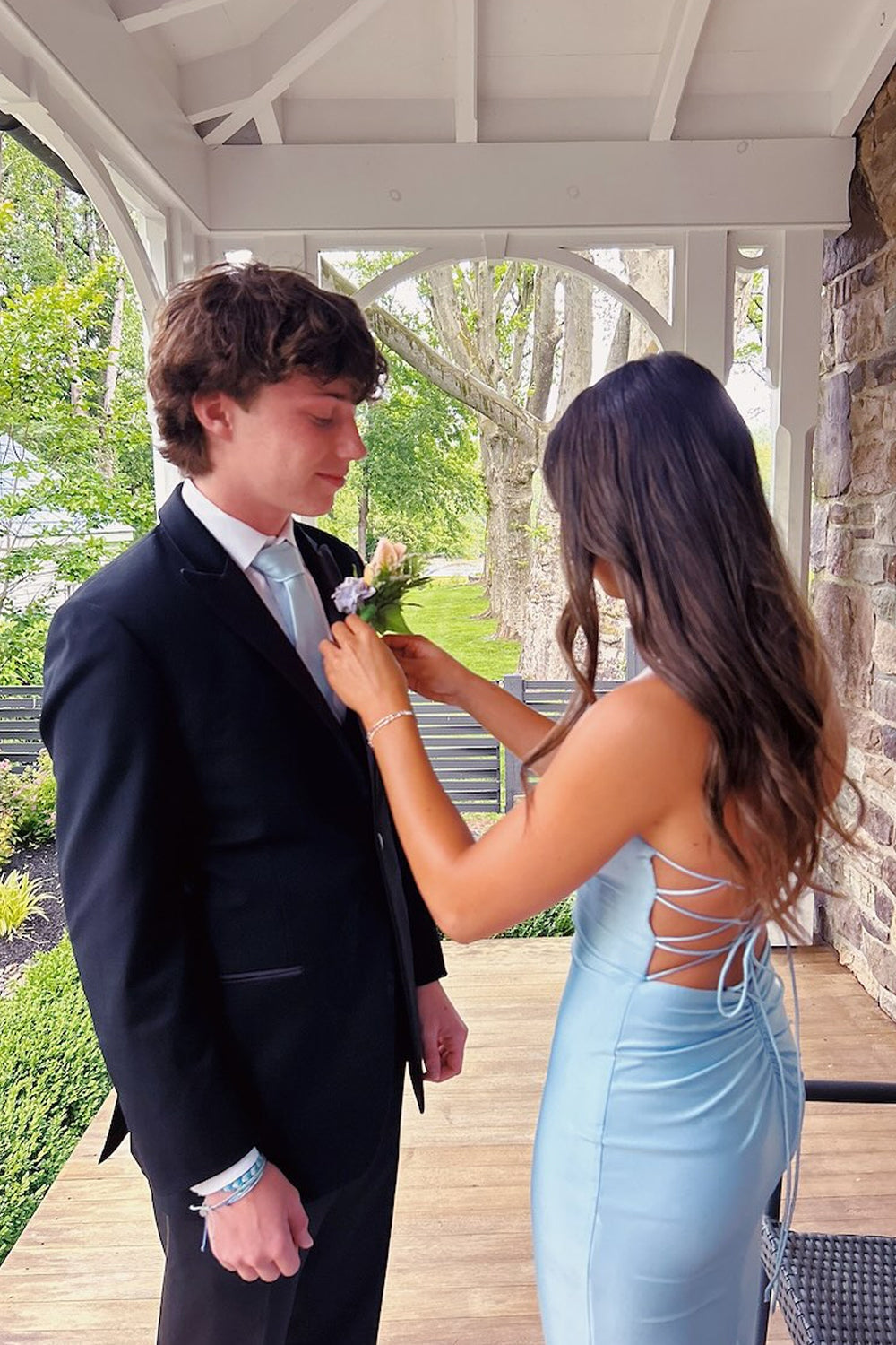 Mermaid V Neck Light Blue Elastic Satin Long Prom Dresses