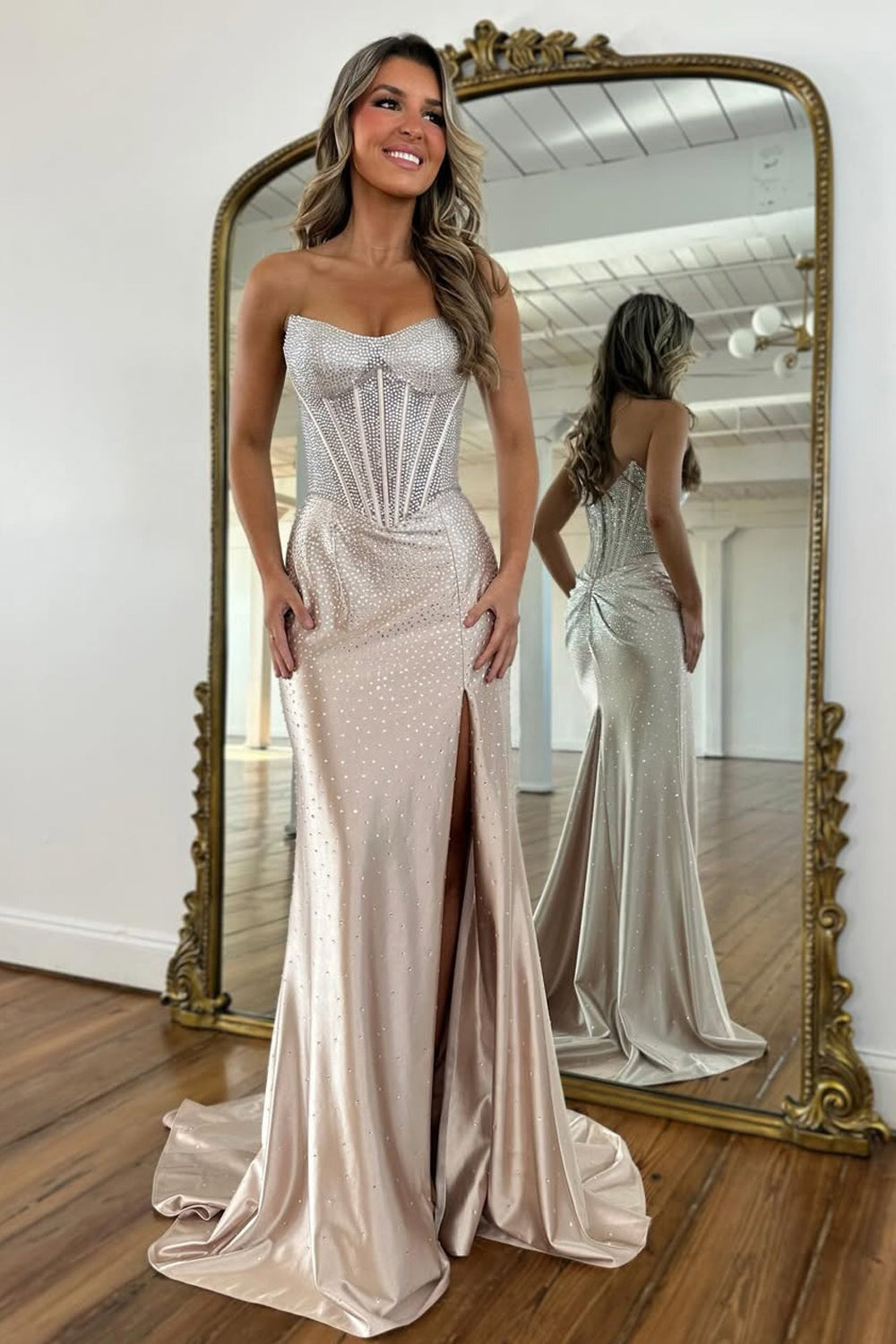 Mermaid Strapless Yellow Corset Beaded Prom Dress